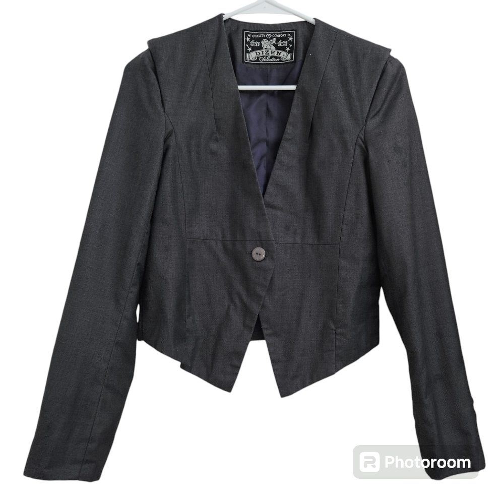 WOMENS LONGSLEEVE BUTTONED BLAZER JACKET, DARK GREY, SIZE SMALL
